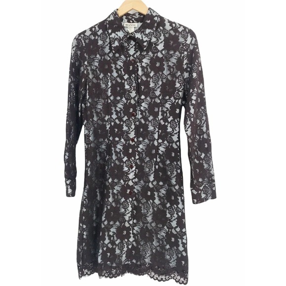 VINTAGE MAXOU WOMNEN'S SIZE 10 BROWN LONG SLEEVE BUTTON FRONT FLORAL LACE DRESS - Picture 6 of 8